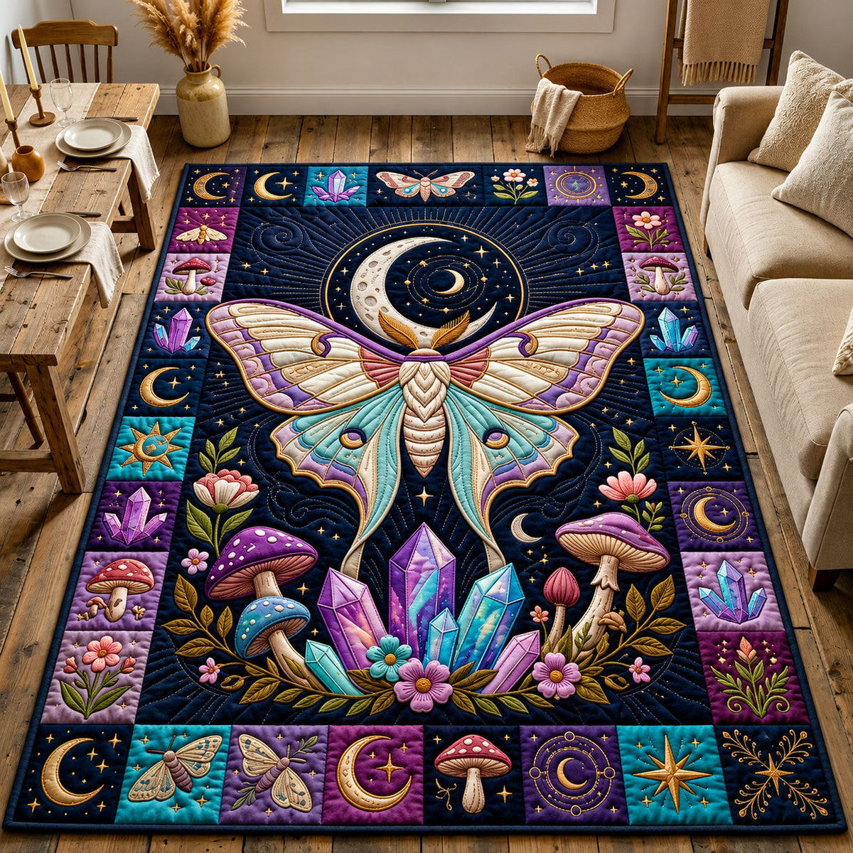 Celestial Lunar Moth area rug in a living room