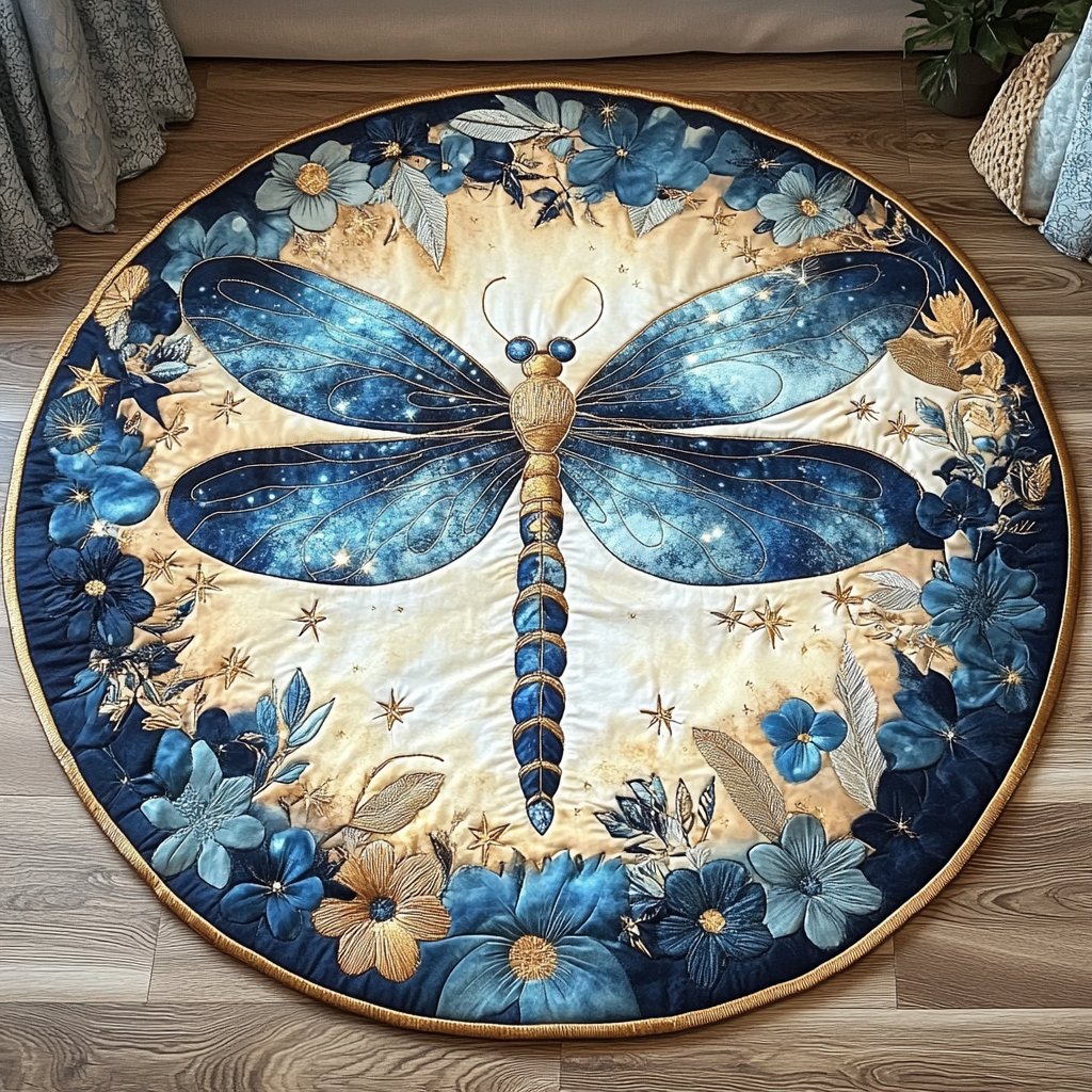 Celestial Night Dragonfly Round Mat Rug - washable non-slip printed rug