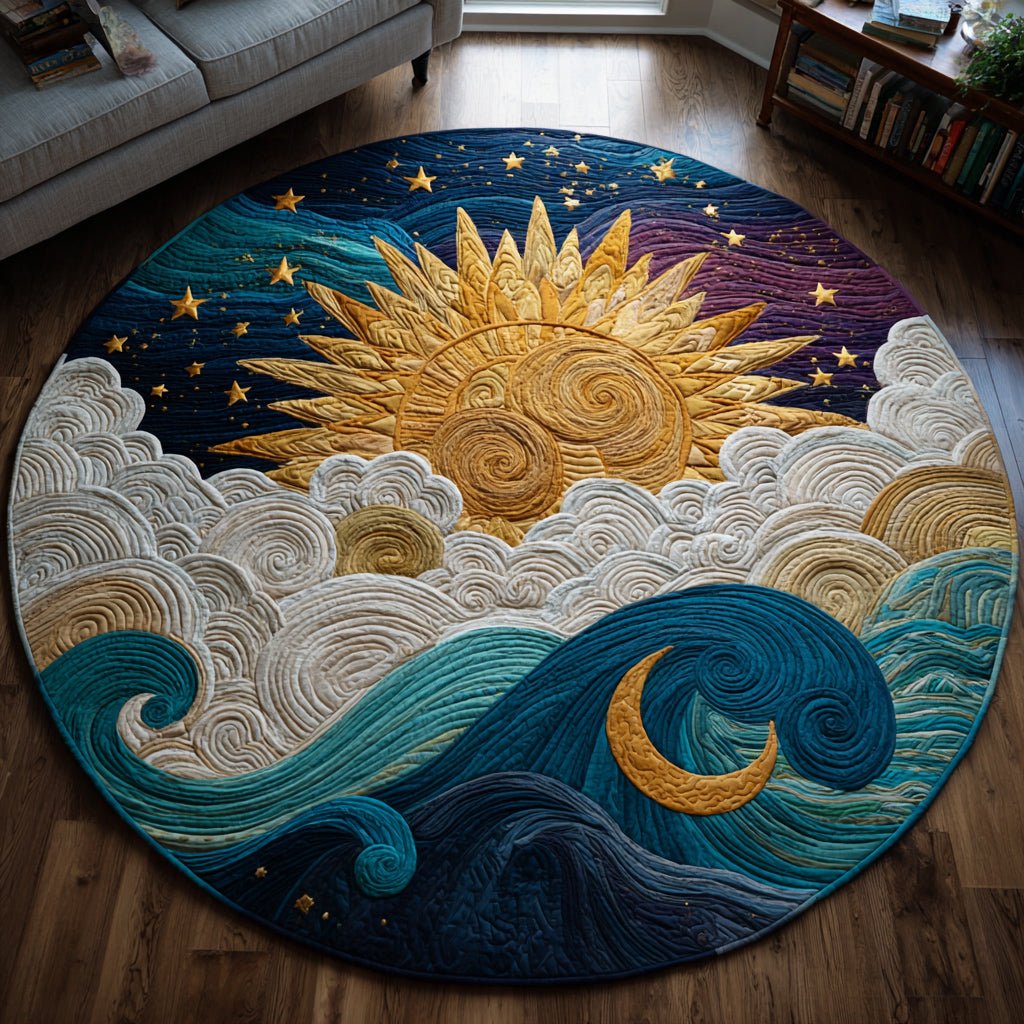 Celestial Sun Waves Round Mat Rug - washable non-slip printed rug