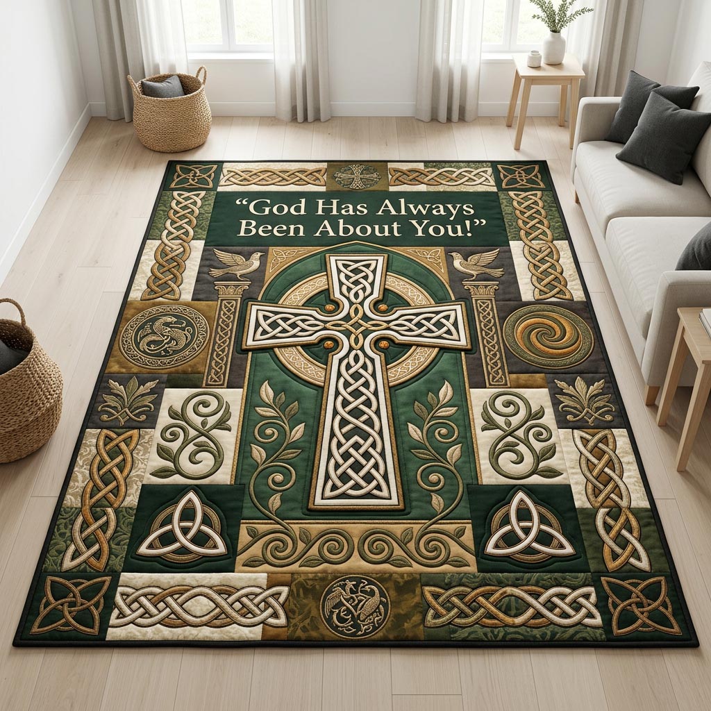 Celtic Cross area rug in a living room