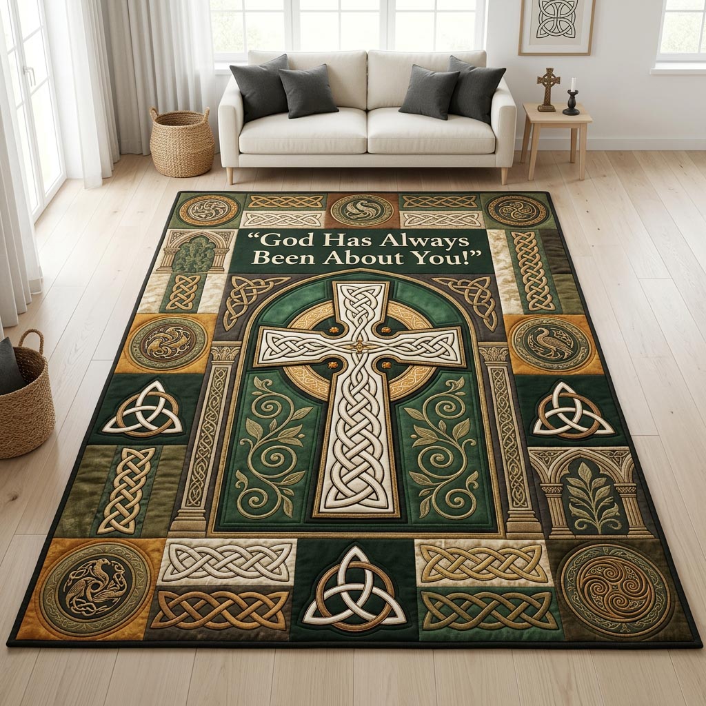 Celtic Cross area rug in a living room