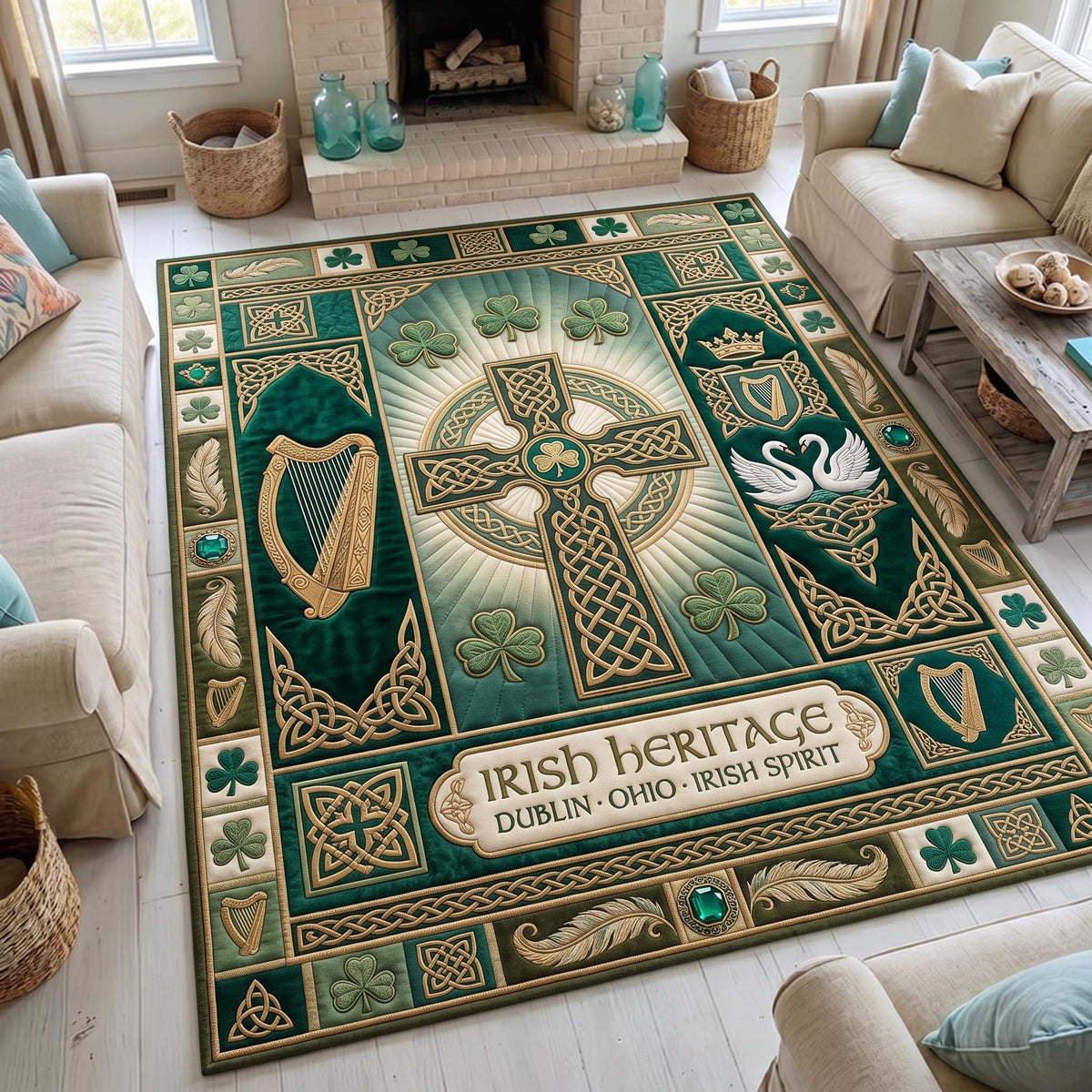 Celtic Cross area rug in a living room