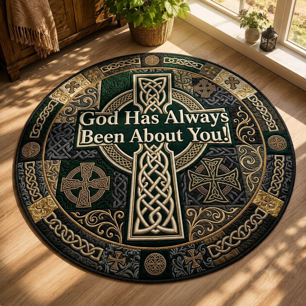 Celtic Cross Faith Round Mat Rug - washable non-slip printed rug