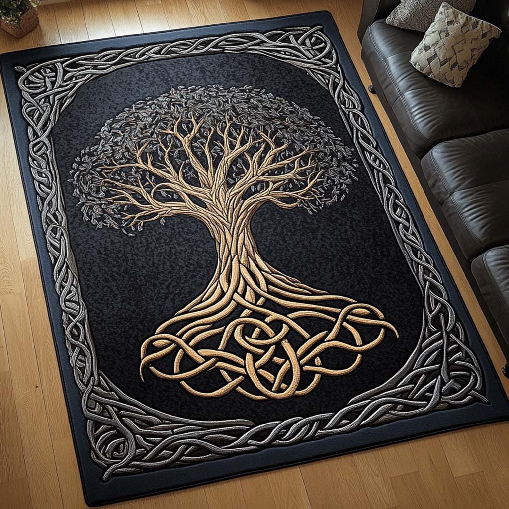 Celtic Elegance area rug in a living room