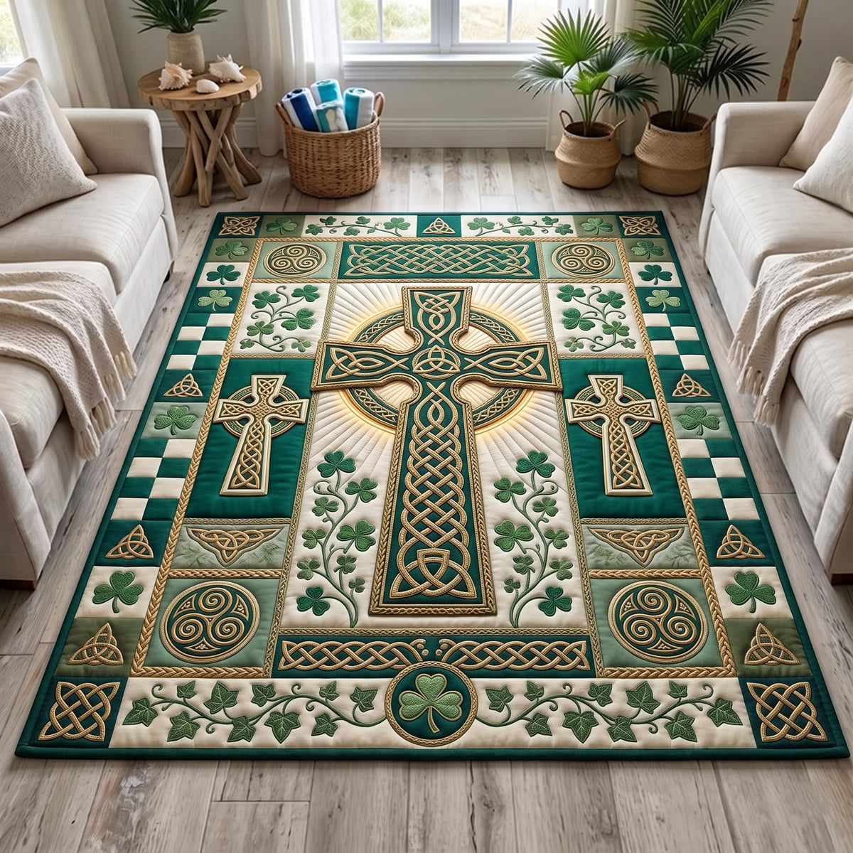Celtic Faith area rug in a living room