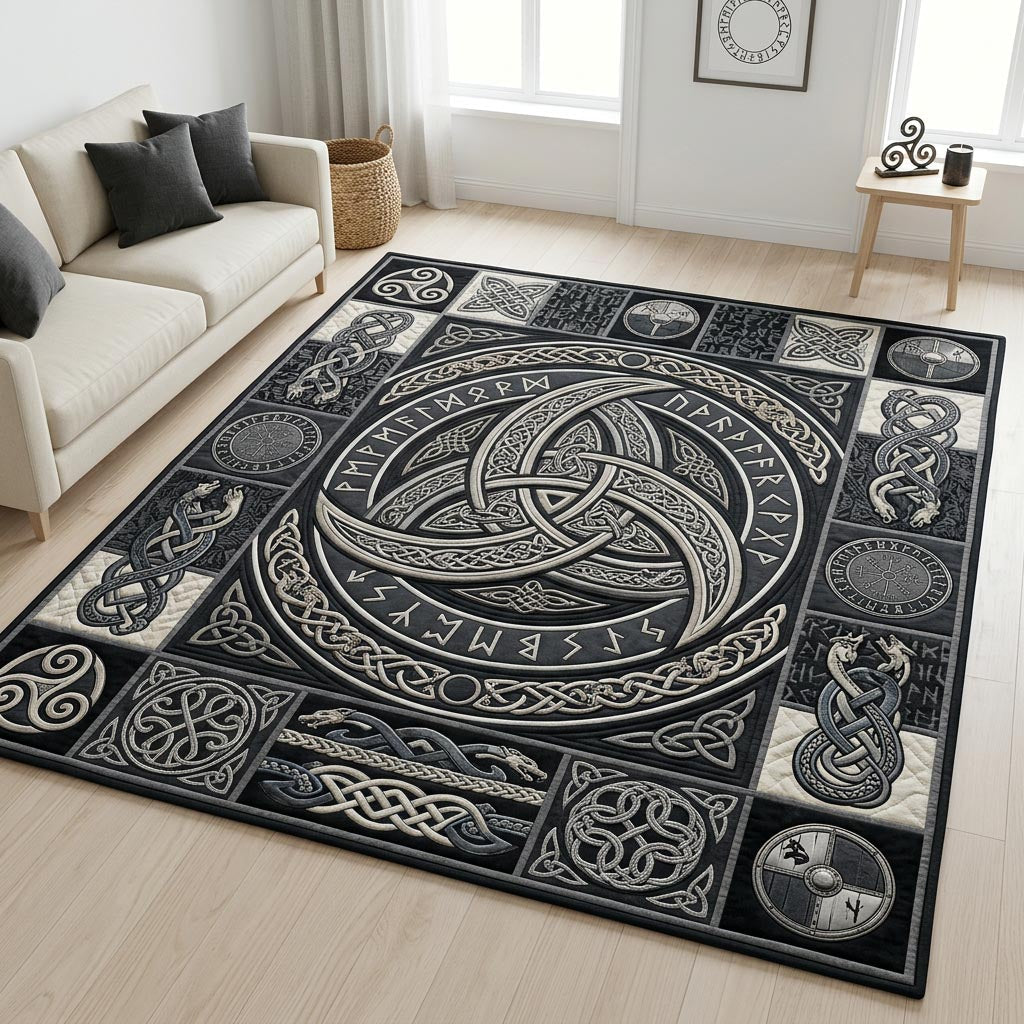 Celtic Norse Knotwork area rug in a living room