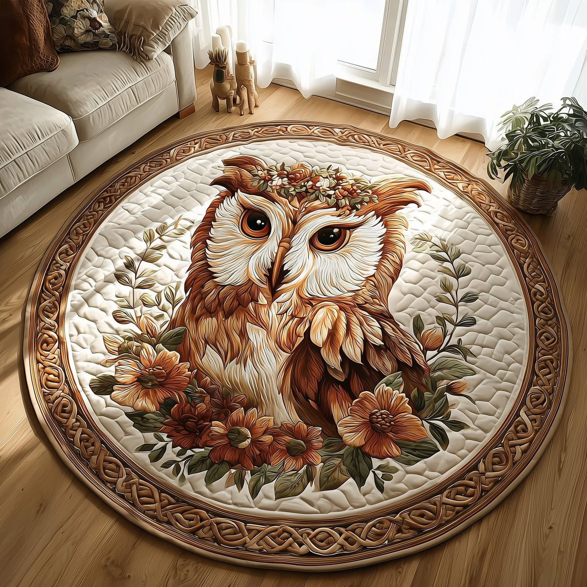 Celtic Owl Round Mat Rug - washable non-slip printed rug