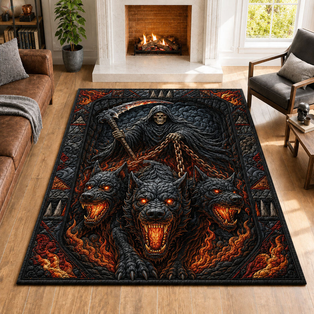 Cerberus Hellhound Grim Reaper Fire area rug in a living room