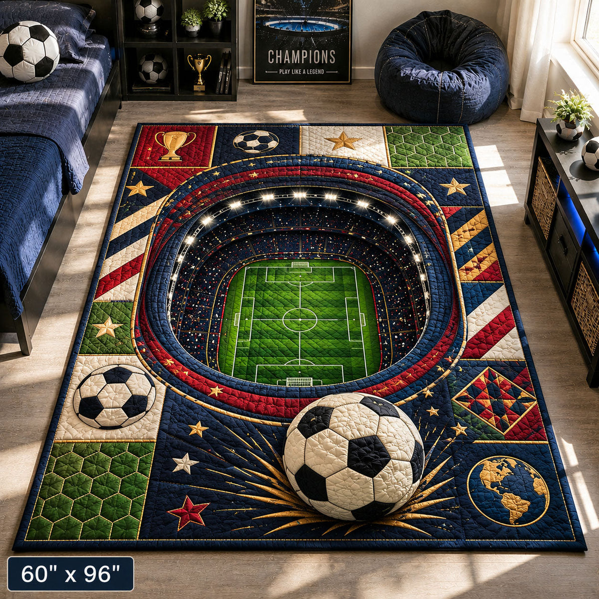 Champions Arena Football area rug in a living room