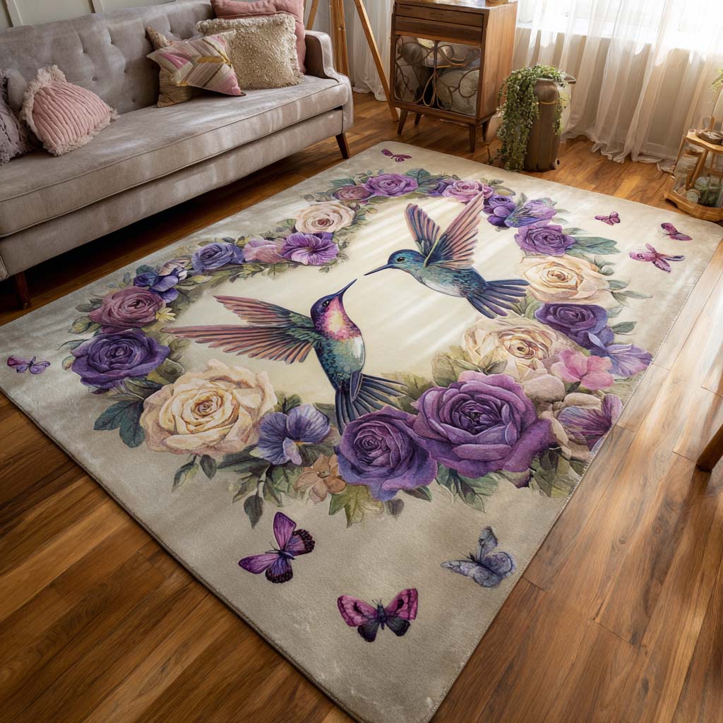 Charm Hummingbird area rug in a living room