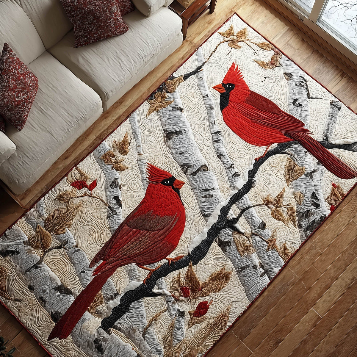 Charming Cardinals area rug in a living room