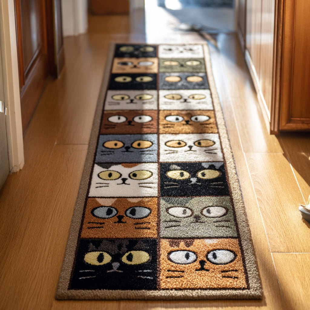 Charming Cat Grid Runner Carpet Runner Rug - Cute Pet Design | Animal Printed Runner Rug