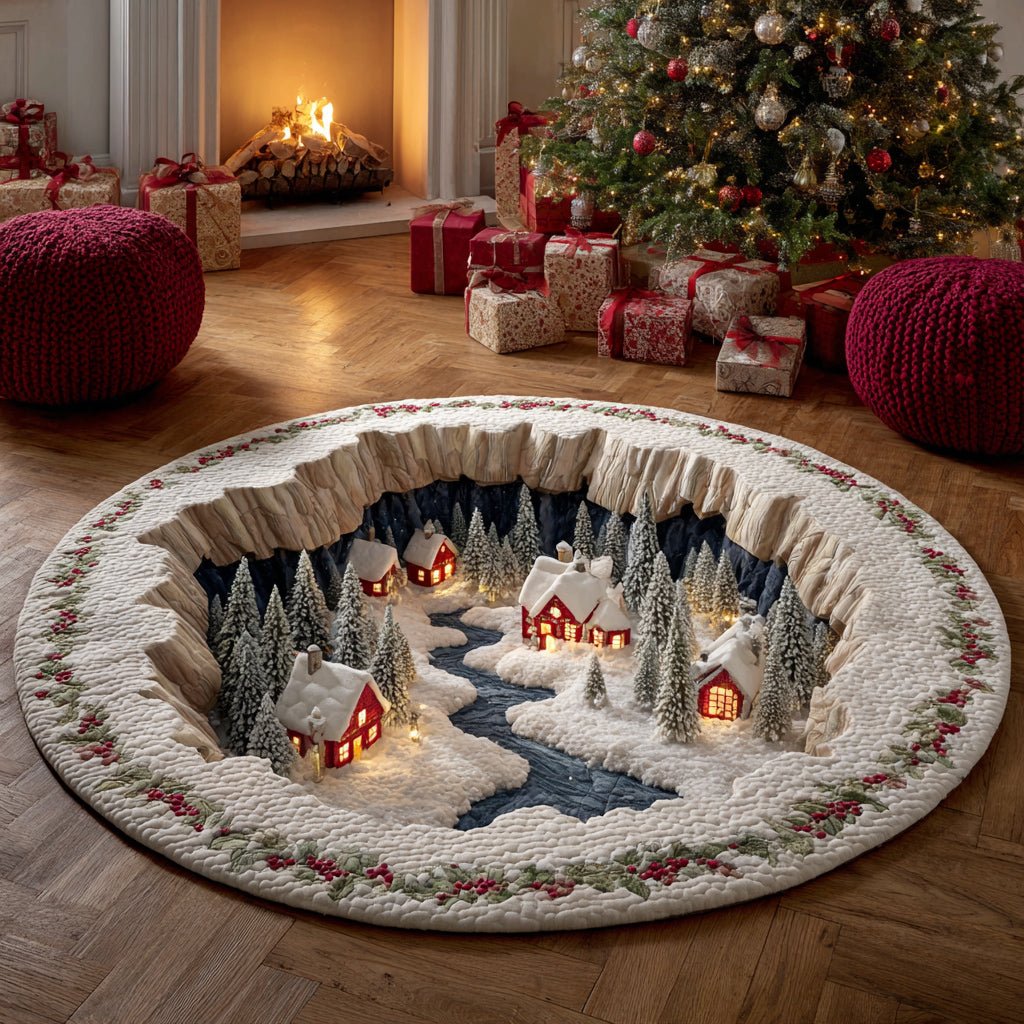 Charming Christmas Village Round Mat Rug - washable non-slip printed rug