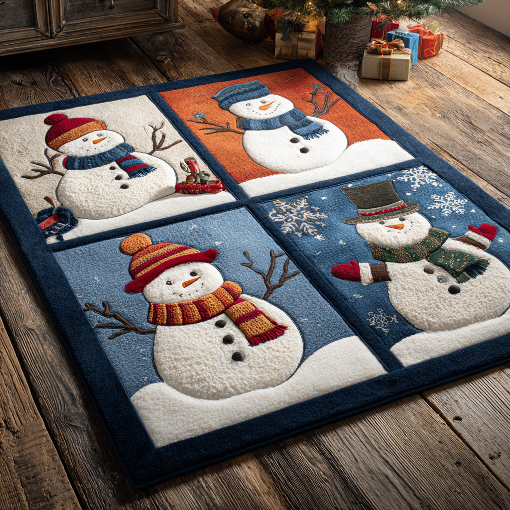 Checker Snowman Blocks area rug in a living room