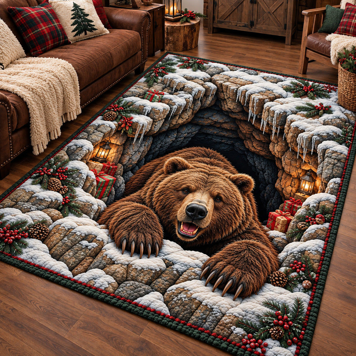 Cheerful Cave Bear area rug in a living room
