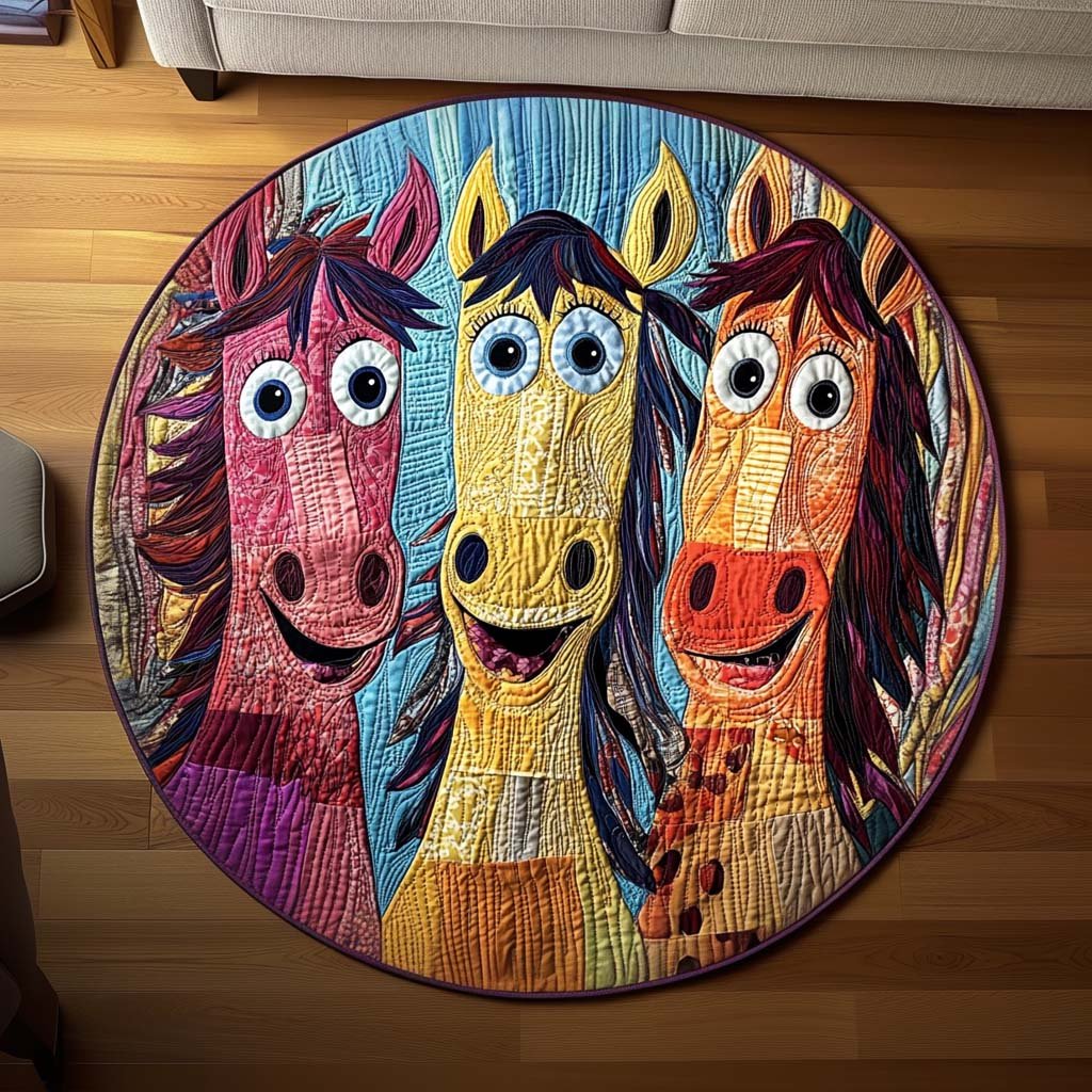 Cheerful Colts Round Mat Rug - washable non-slip printed rug