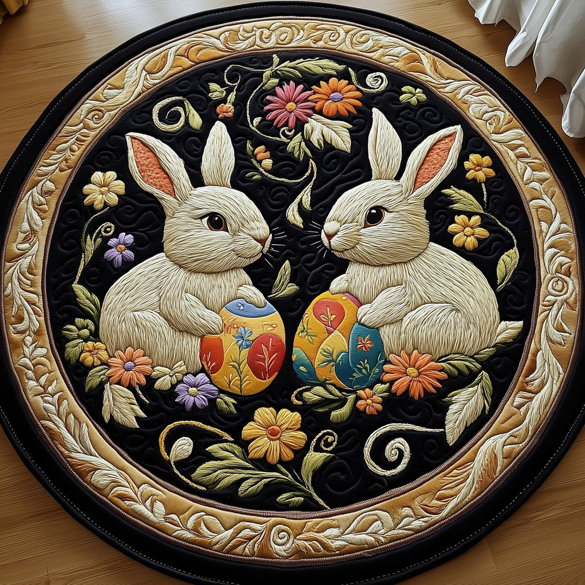 Cherished Bunny Couple Round Mat Rug - washable non-slip printed rug