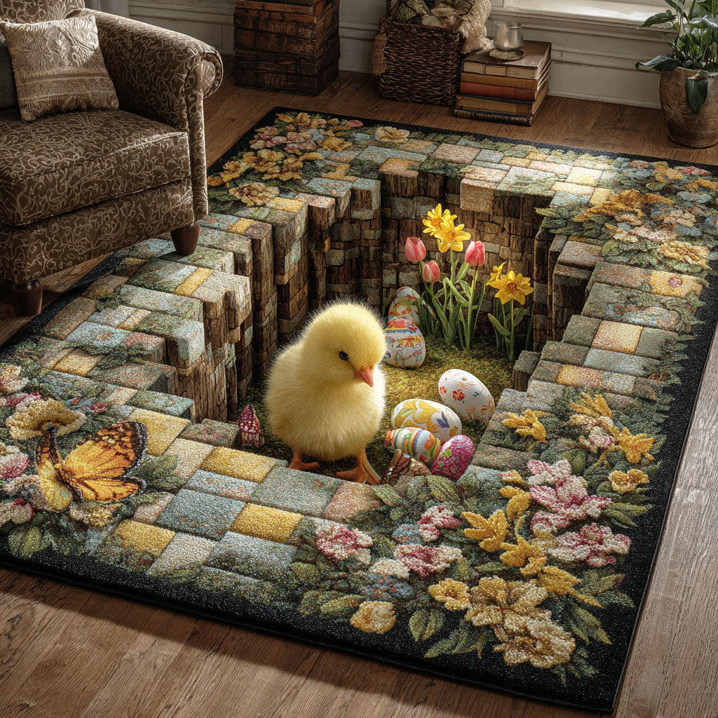 Chick Egg Spring area rug in a living room