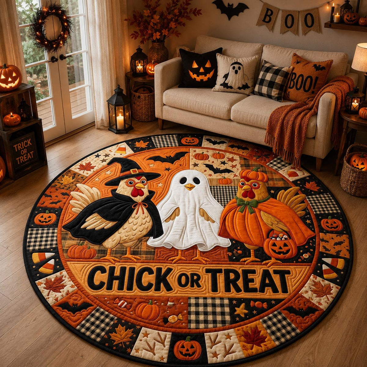 Chick Or Treat Round Mat Rug - washable non-slip printed rug