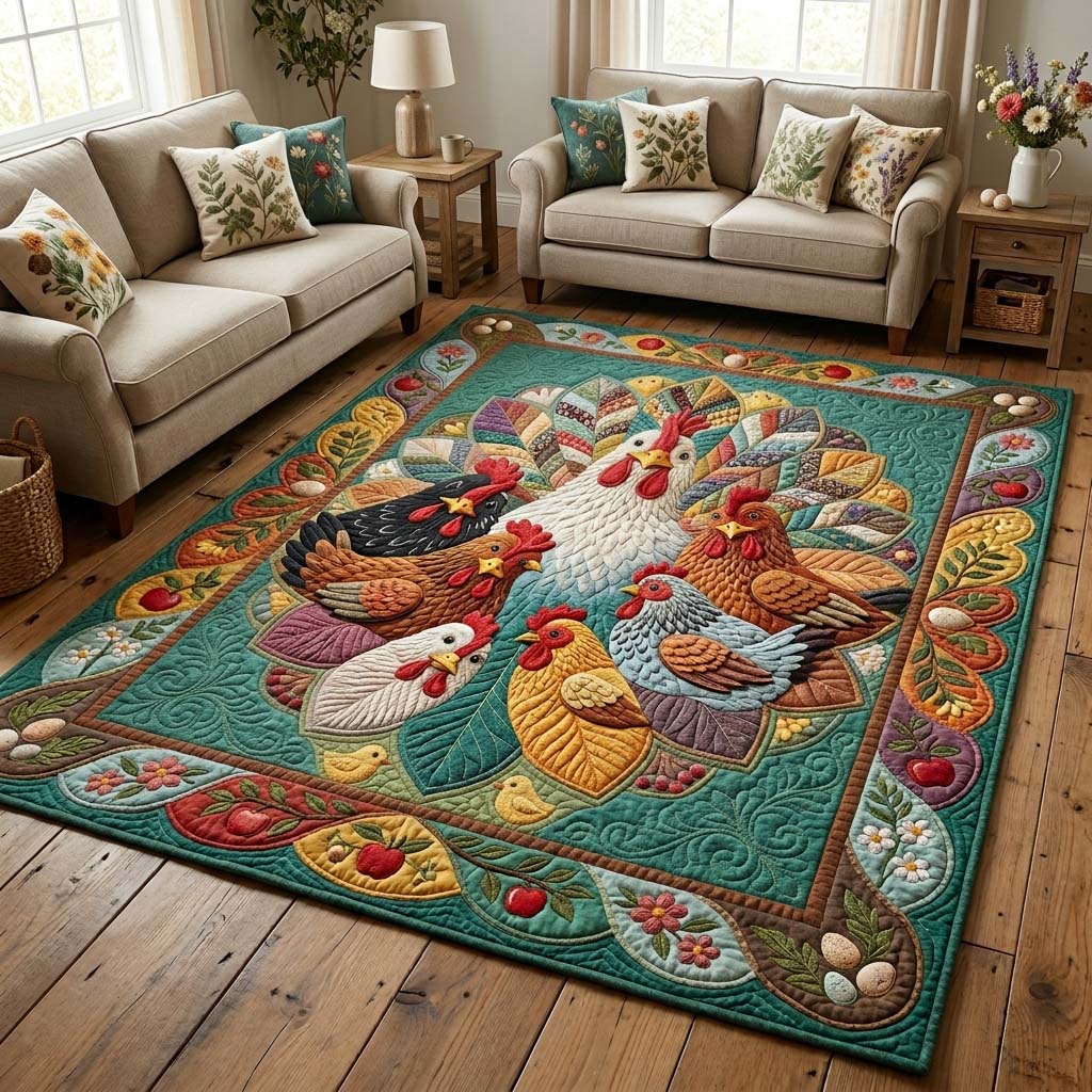 Chicken Bloom Mandala area rug in a living room