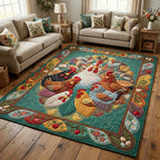 Chicken Bloom Mandala area rug in a living room