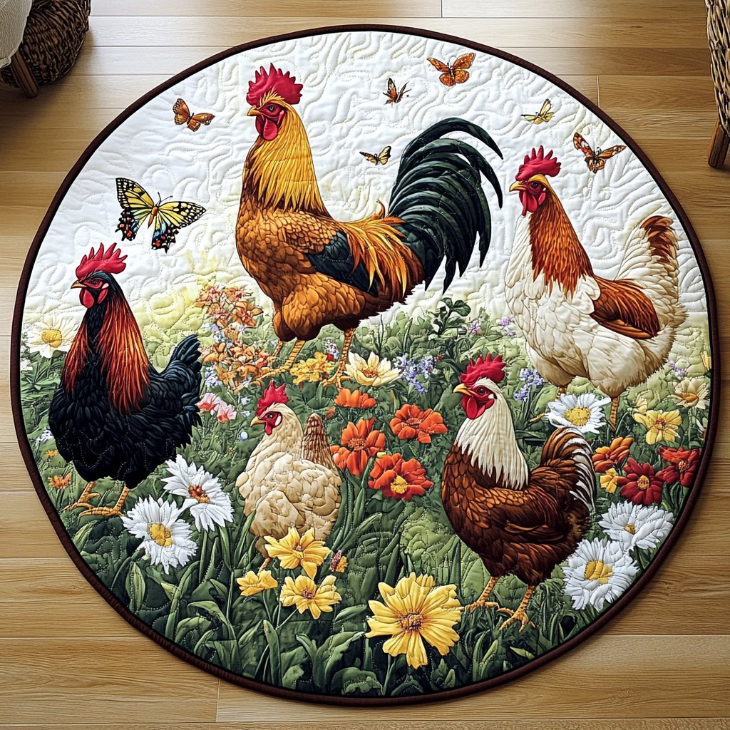 Chicken Cheer Round Mat Rug - washable non-slip printed rug