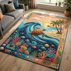 Chicken Garden Friends area rug in a living room