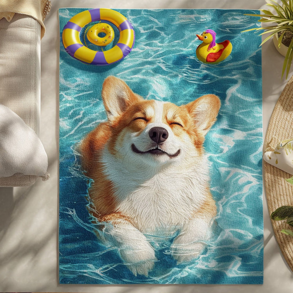 Chillin Corgi area rug in a living room