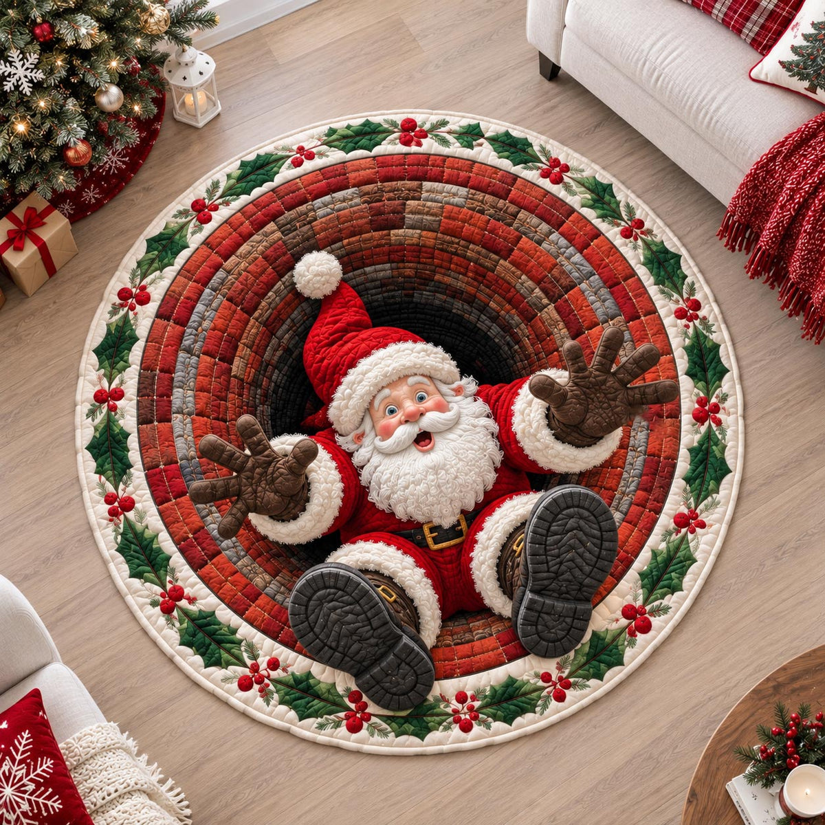Chimney Drop Santa Round Mat Rug - Seasonal Design | Festive Home Decor - washable non-slip printed rug