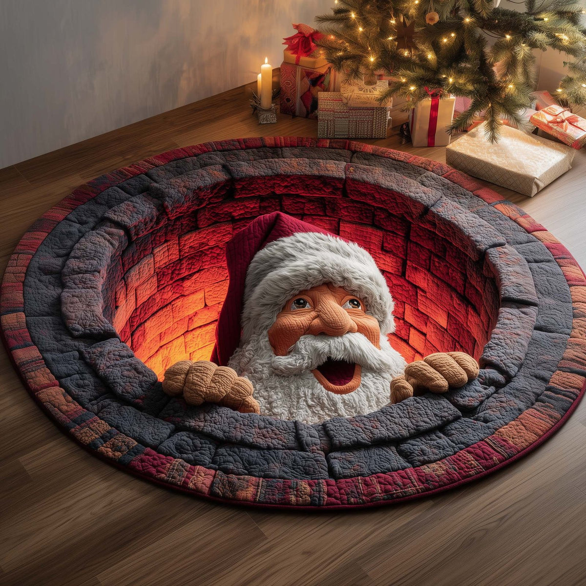 Chimney Santa Christmas Round Mat Rug - washable non-slip printed rug