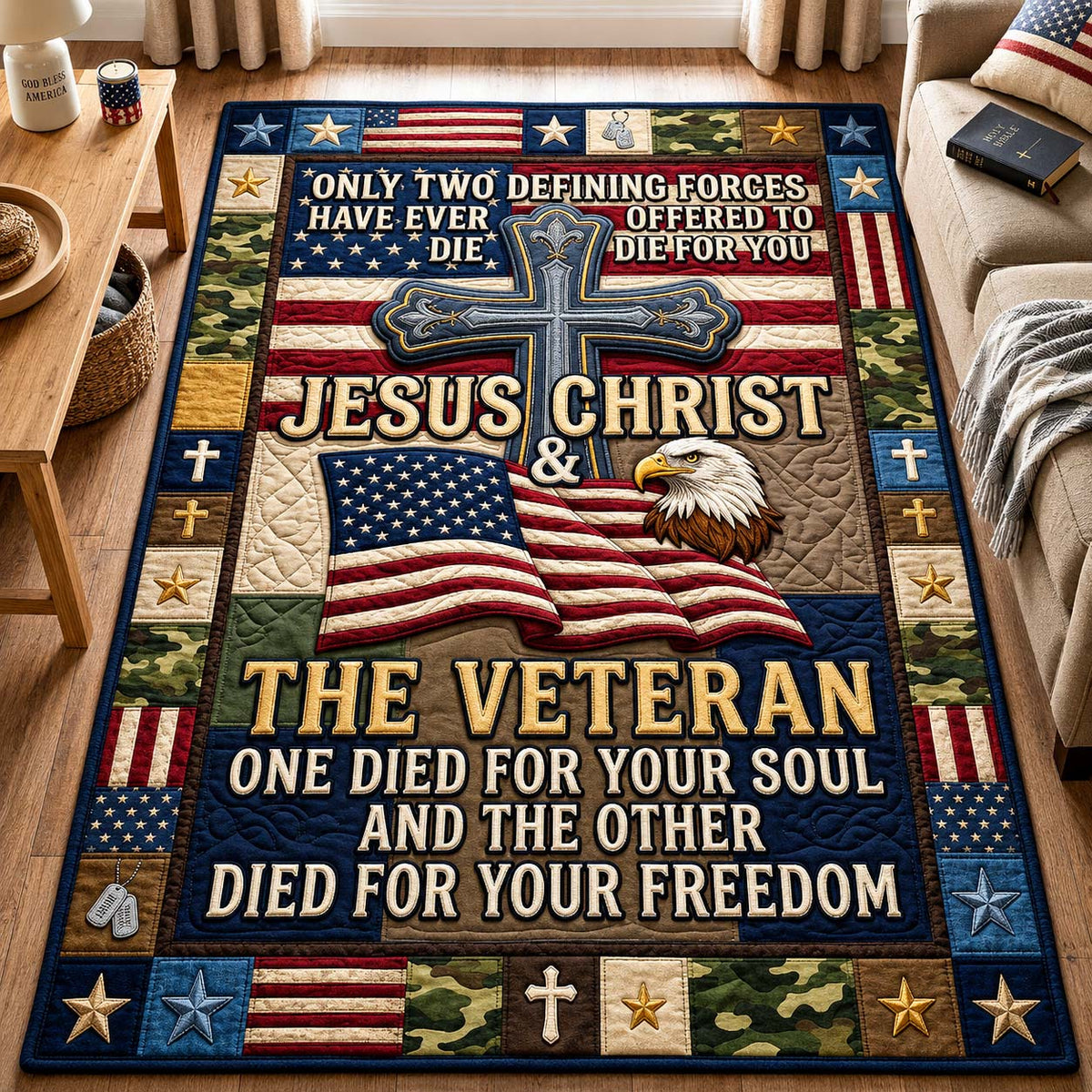 Christ And Veteran area rug in a living room
