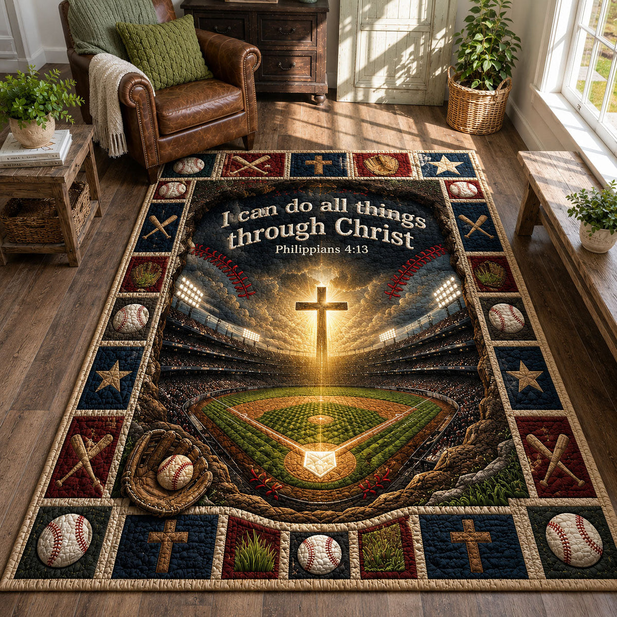 Christ Baseball Stadium area rug in a living room