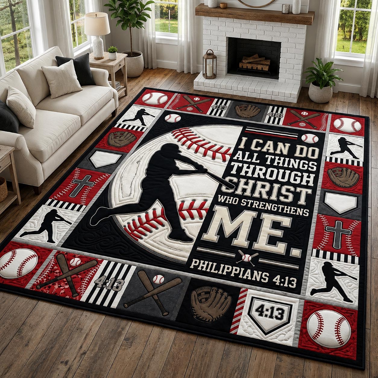 Christian Baseball area rug in a living room