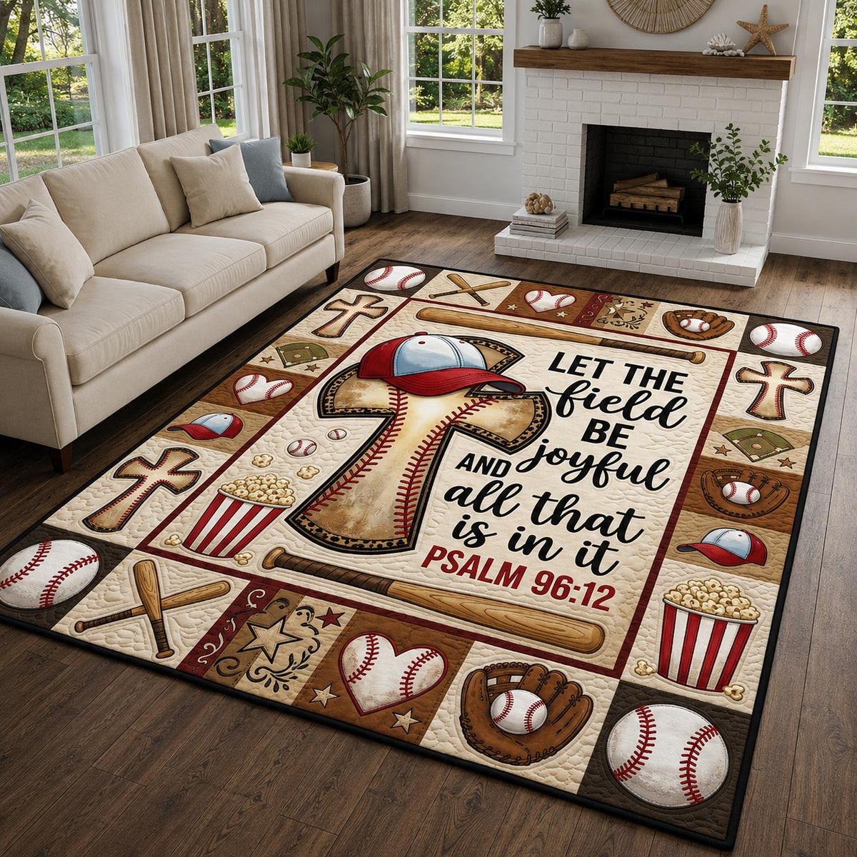 Christian Baseball area rug in a living room