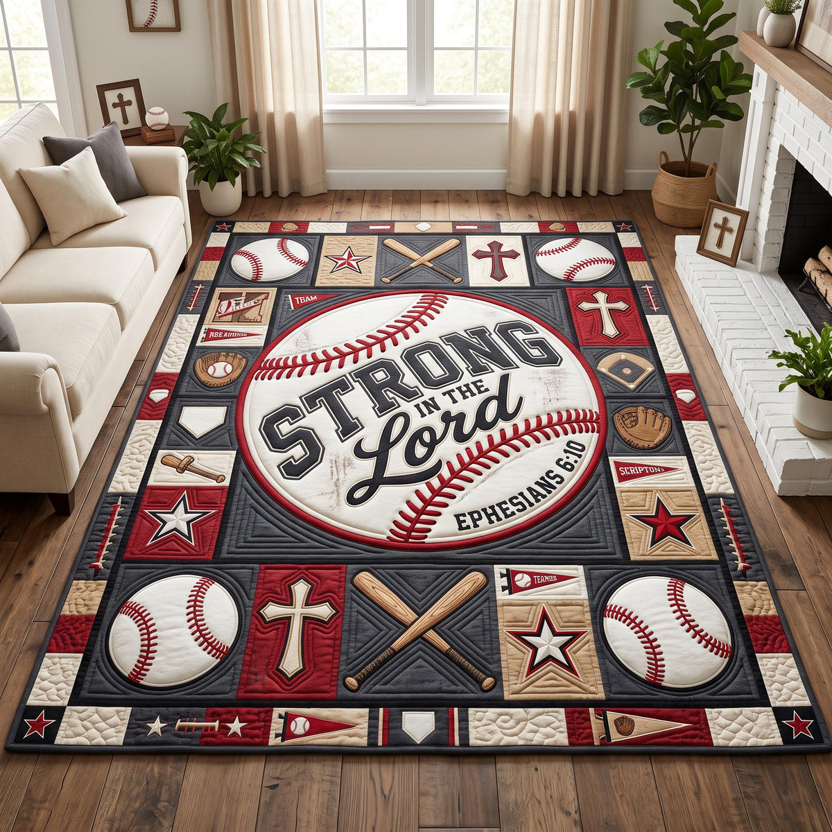 Christian Baseball area rug in a living room