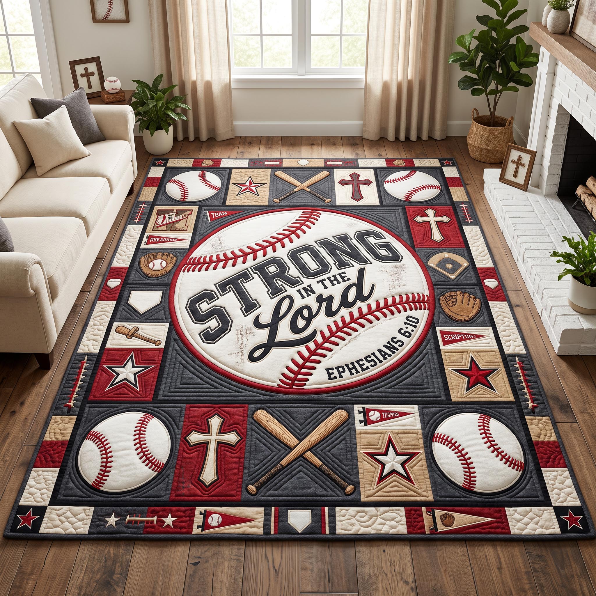 Christian Baseball area rug in a living room