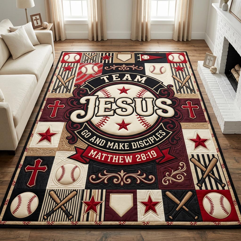 Christian Baseball area rug in a living room