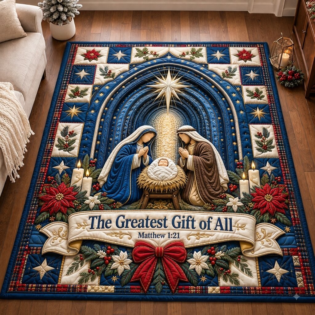 Christian Christmas Grace area rug in a living room