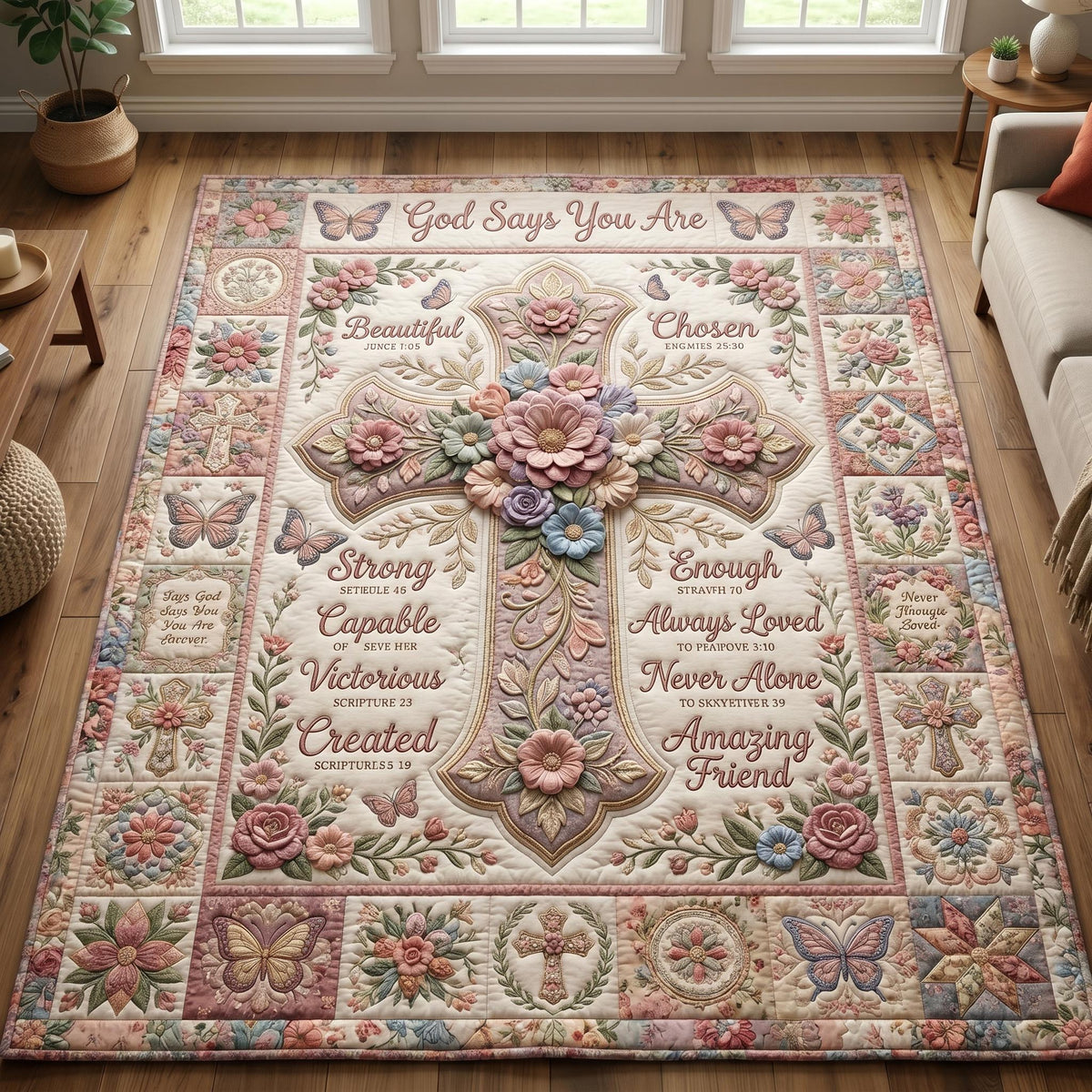 Christian Faith area rug in a living room