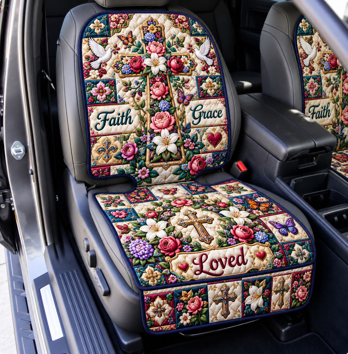 Faith Grace Loved Rose quilted car seat protector