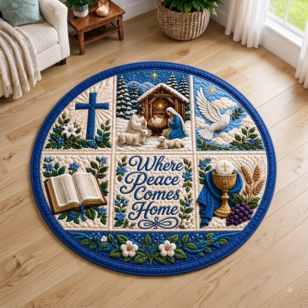 Christian Nativity Round Mat Rug - Nature Design | Serene Home Decor - washable non-slip printed rug