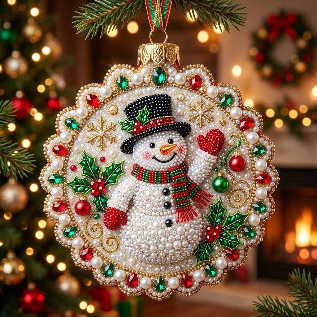 Snowman Waving in Holly Wreath Christmas Ornament