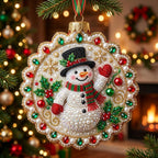 Snowman Waving in Holly Wreath Christmas Ornament