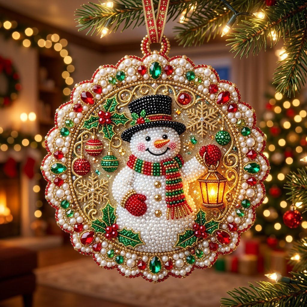 Snowman with Golden Lantern Christmas Ornament