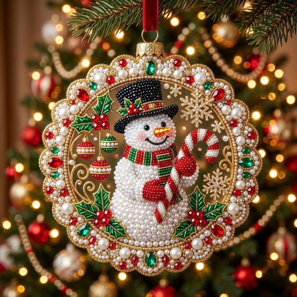 Snowman Holding Candy Cane Christmas Ornament