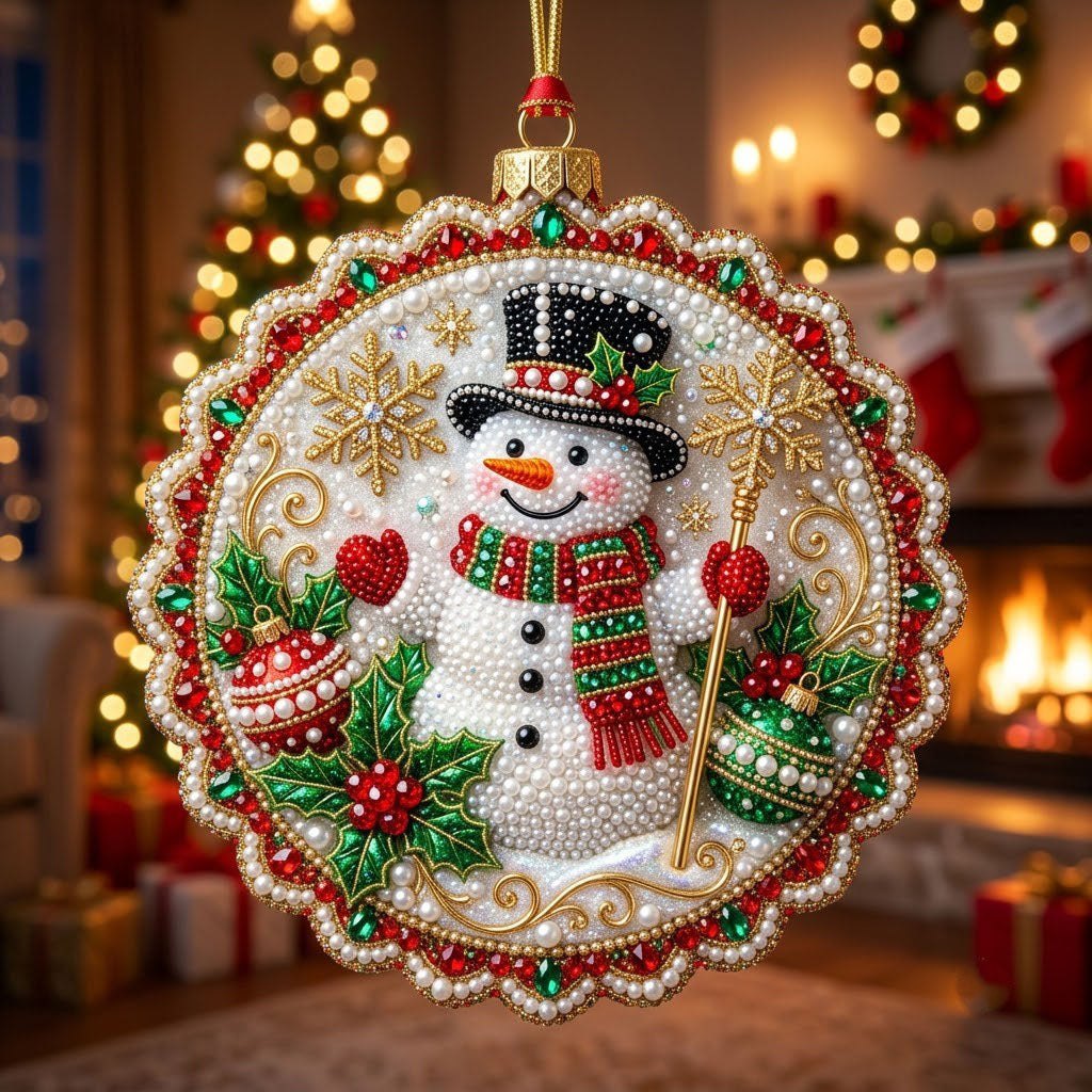 Snowman with Broom and Snowflakes Christmas Ornament