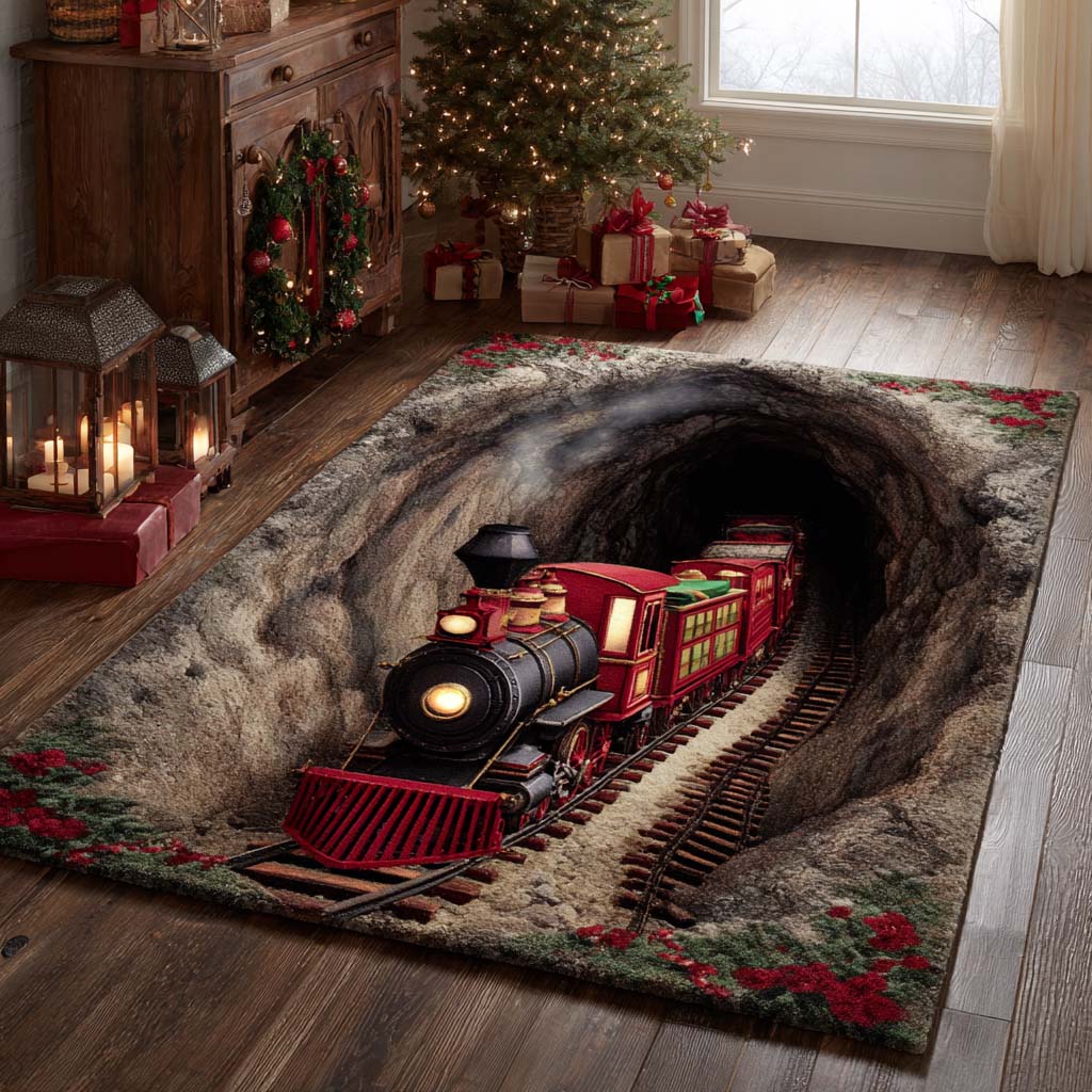 Christmas area rug in a living room