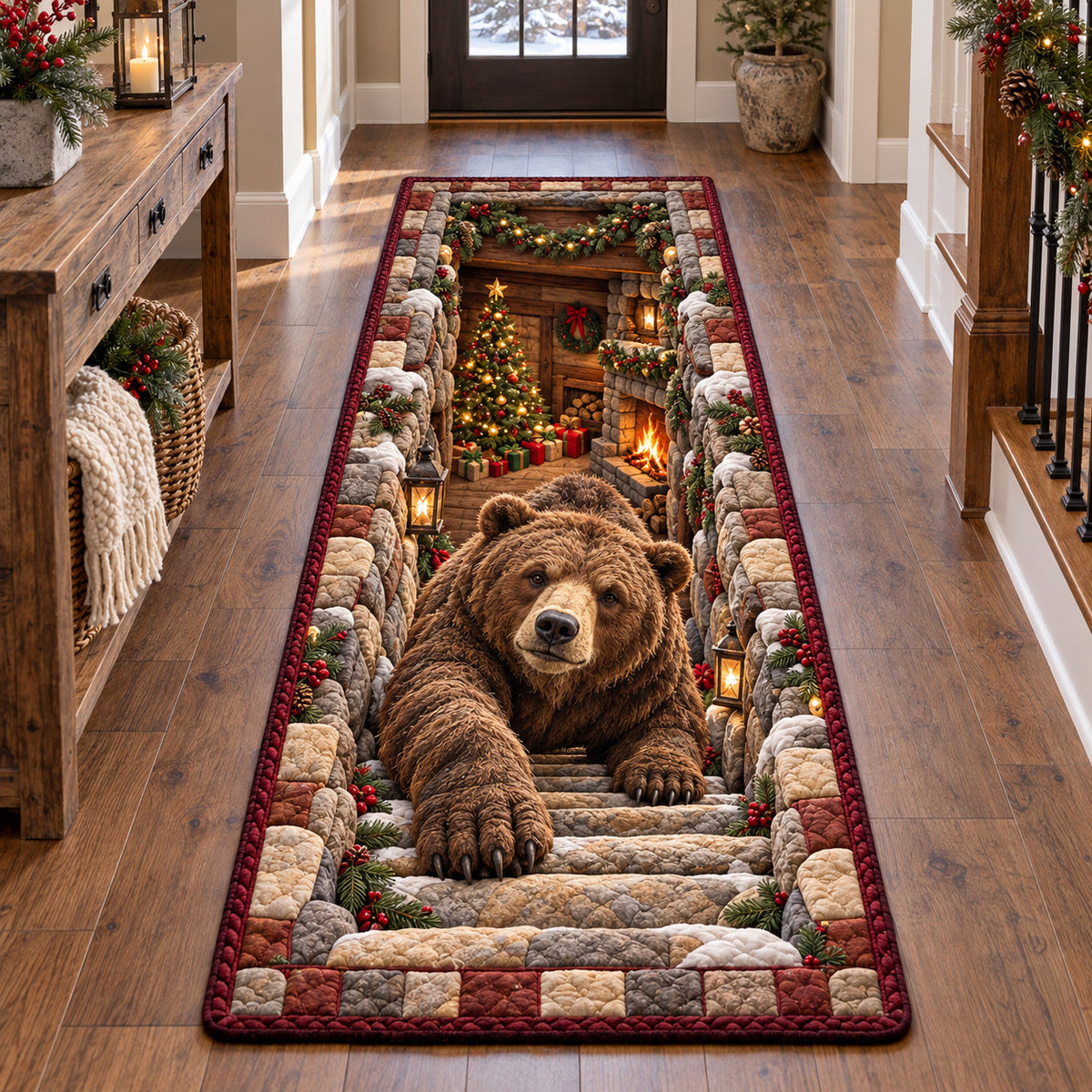 Christmas Bear Cabin Runner Rug - Seasonal Design | Festive Runner Rug - washable non-slip printed rug