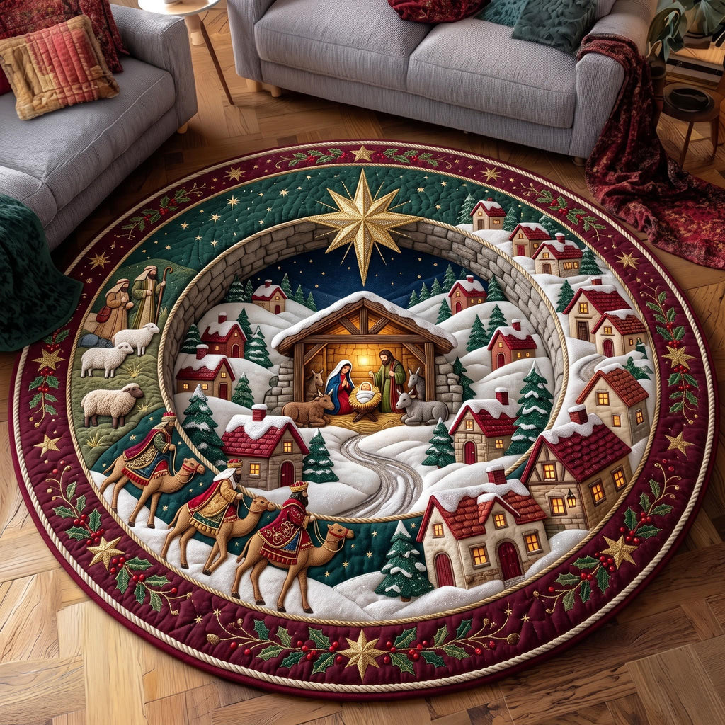 Christmas Bethlehem Round Mat Rug - Seasonal Design | Festive Home Decor - washable non-slip printed rug