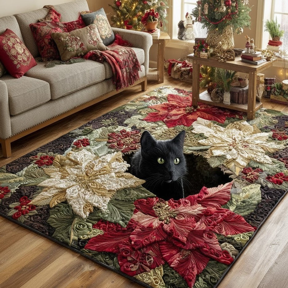 Christmas Black Cat Surprise area rug in a living room